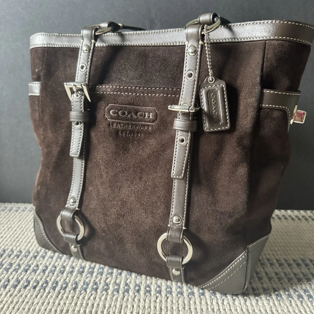 Coach Chocolate Brown Suede/Leather Trim Tote Handbag F12834